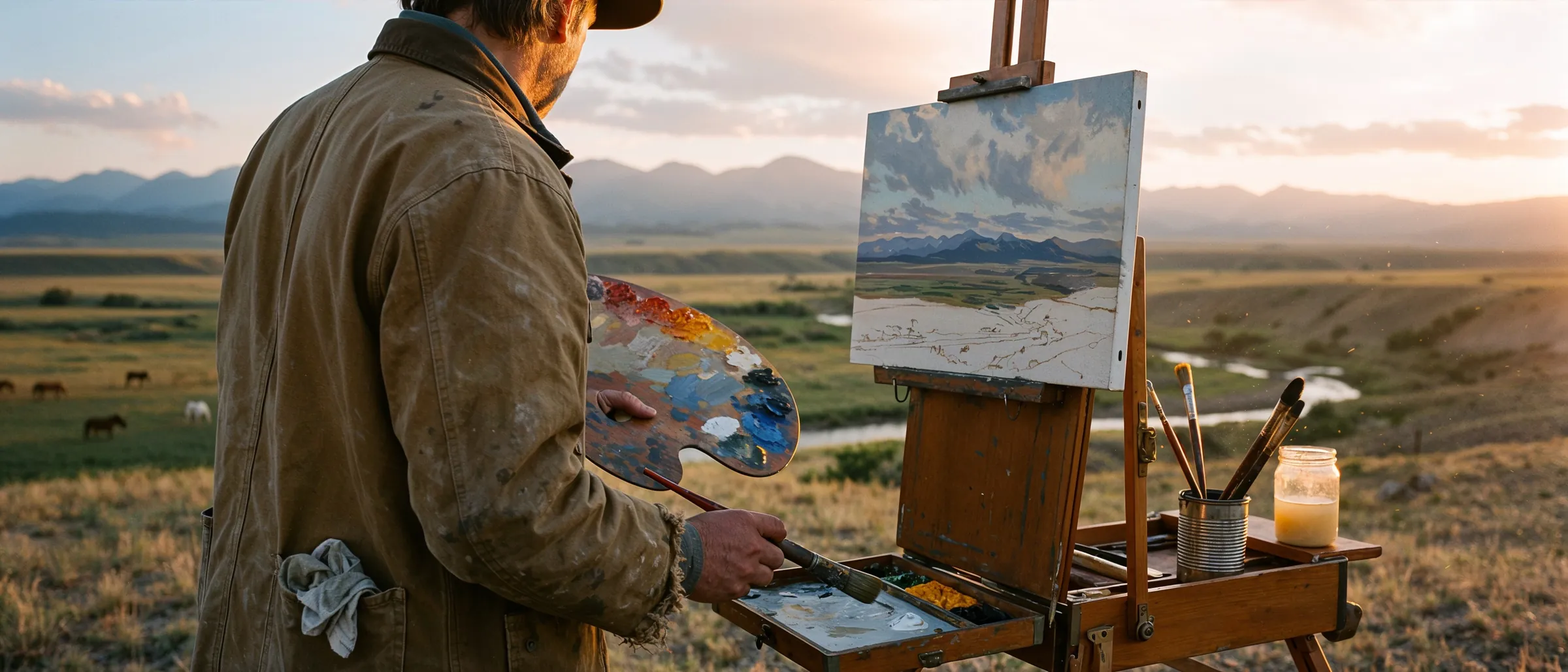 A landscape painter at an easel on a high plains ridge at golden hour