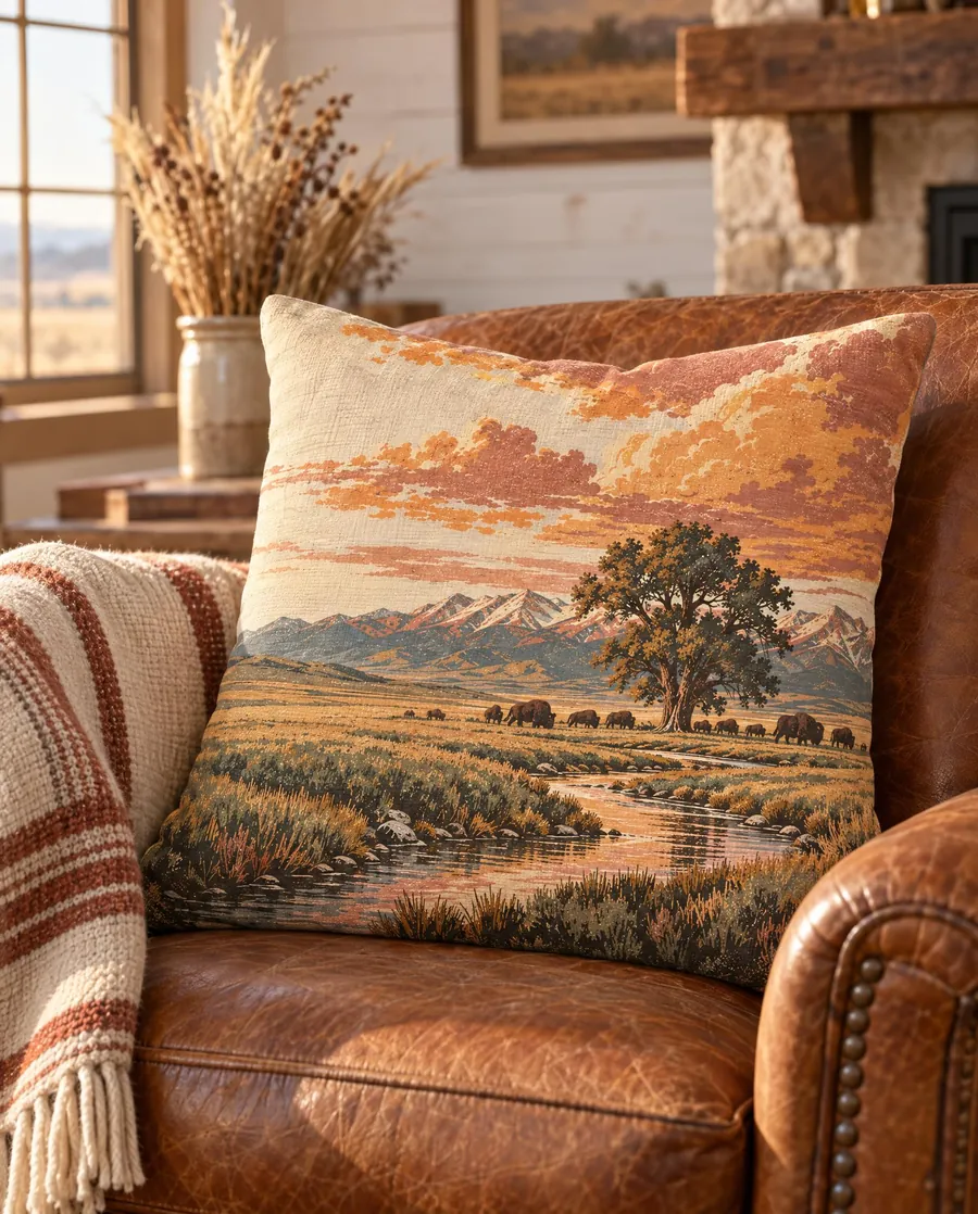 A linen throw pillow printed with the prairie design, on a cognac leather chair