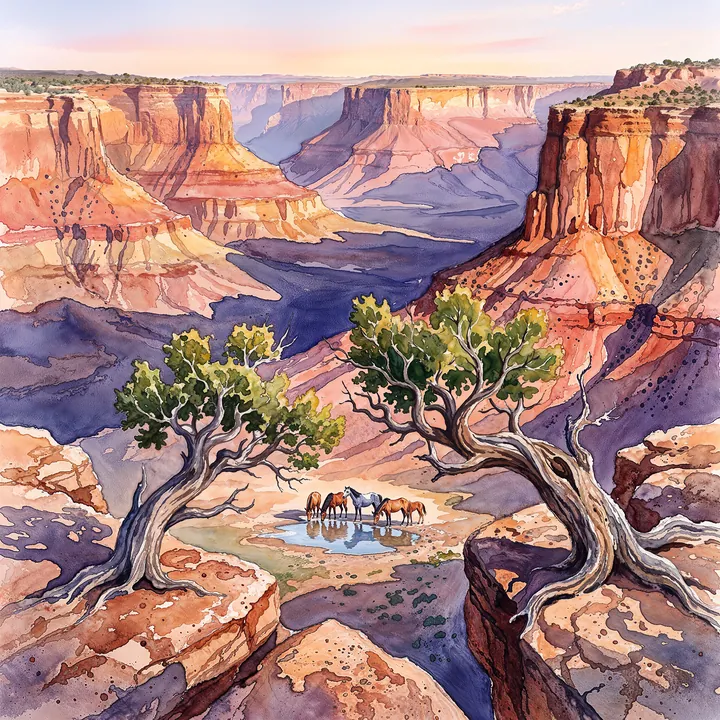 Watercolor: a canyon at sunrise seen from the rim, mustangs small at the spring below